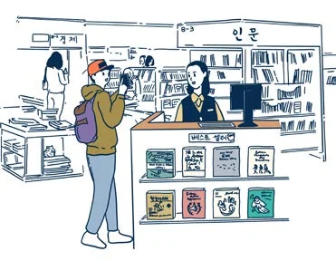 Un client cherche un livre dans une librairie.