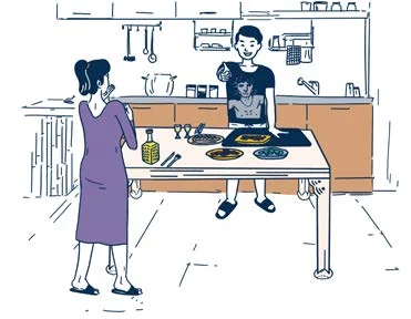 Deux amis discutent lors d'une visite à domicile.