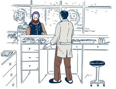 Un client demande conseil à la pharmacie.