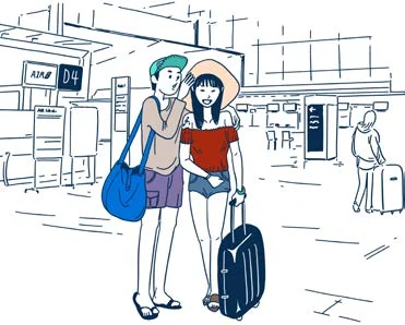 Deux voyageurs discutent avant ou pendant un vol.